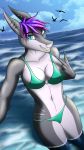  2018 anthro avian big_breasts bikini bird blue_eyes breasts clothed clothing cynlonyth digital_media_(artwork) female fish hair hi_res long_hair looking_at_viewer marine outside purple_hair sea seaside shark sky smile solo standing swimsuit thick_thighs voluptuous water wave wide_hips 