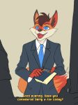  5_fingers anthro blue_eyes book brown_hair canine clothed clothing digital_media_(artwork) english_text fox hair ldr looking_at_viewer male mammal open_mouth smile solo_focus text 