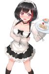  alternate_costume apron bang_dream! bangs bell bell_choker black_choker black_dress black_hair black_legwear black_neckwear blush bob_cut bow bowtie breasts cake choker cleavage collarbone cup d: dress embarrassed enmaided feet_out_of_frame food highres holding holding_tray kneehighs legs_apart long_sleeves looking_at_viewer maid maid_headdress medium_breasts mitake_ran multicolored_hair naitou_kirara nose_blush open_mouth pink_eyes plate red_hair short_hair simple_background slice_of_cake solo standing strawberry_shortcake streaked_hair tea teacup tray white_apron white_background 