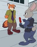  2016 anthro buckteeth canine clothed clothing digital_media_(artwork) disney duo eye_contact female fluffy fluffy_tail food fox fully_clothed grin judy_hopps lagomorph lagotrope long_ears male mammal necktie nick_wilde outside pants police_officer popsicle rabbit rabbit_tail shirt smile street teeth zootopia 