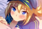  1girl :&gt;= ahoge artoria_pendragon_(all) bangs baseball_cap blonde_hair blue_eyes blue_hat blush breasts censored commentary_request fate/grand_order fate_(series) fellatio hair_between_eyes hat hera_(hara0742) hetero highres large_breasts long_hair looking_up mosaic_censoring mysterious_heroine_xx_(foreigner) oral penis ponytail shrug_(clothing) solo_focus 