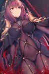  bodysuit breasts commentary_request covered_navel dual_wielding expressionless fate/grand_order fate_(series) feng_mouren flower gae_bolg hair_intakes highres holding holding_weapon large_breasts long_hair looking_to_the_side pauldrons polearm purple_bodysuit purple_hair red_eyes scathach_(fate)_(all) scathach_(fate/grand_order) shoulder_armor solo spear spider_lily veil weapon 