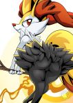  2018 3_fingers anthro black_fur braixen butt canine female fire fur holding_object inner_ear_fluff looking_back low-angle_view mammal multicolored_fur mysticalpha neck_tuft nintendo pok&eacute;mon pok&eacute;mon_(species) presenting presenting_hindquarters pussy rear_view red_eyes red_fur red_nose simple_background smile solo standing stick tuft video_games white_background white_fur 
