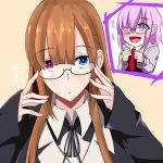  blue_eyes breasts clenched_hands collared_shirt eyebrows_visible_through_hair eyepatch fate/grand_order fate_(series) glasses hair_over_eyes heterochromia highres hood hoodie looking_at_viewer mash_kyrielight neck_ribbon necktie ophelia_phamrsolone orange_hair purple_hair rakku_(10219563) red_eyes ribbon semi-rimless_eyewear shirt sleeves_past_wrists smile under-rim_eyewear 