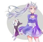  blue_eyes cleavage_cutout commentary dog earrings highres iesupa jewelry long_hair ponytail rwby scar scar_across_eye side_ponytail solo tiara weiss_schnee white_hair zwei_(rwby) 