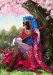  2018 4_toes 5_fingers against_tree anthro barefoot biped black_nose blue_eyes blue_hair braided_hair breasts brown_claws brown_fur brown_tail canine cherry_blossom claws clothed clothing collaboration digital_drawing_(artwork) digital_media_(artwork) eyelashes female flower front_view full-length_portrait fur gloves_(marking) grass hair holding_object humanoid_hands inner_ear_fluff japanese_clothing jewelry kimono lighting locket looking_aside looking_away mammal markings multicolored_fur musical_instrument muzzle_scabs nature necklace obi outside plant portrait q-nik red_clothing shadow shamisen shrub side_braid sitting sky small_breasts smile snout socks_(marking) solo tan_fur tan_tail tanuki tanutanuki toe_claws toes tree two_tone_tail white_fur 