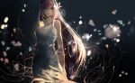  blue_eyes collarbone cowboy_shot dress floating_hair hair_between_eyes highres long_hair looking_at_viewer megurine_luka nyakkunn petals pink_hair sleeveless sleeveless_dress solo standing very_long_hair vocaloid white_dress 