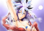  arm_up armpits bare_shoulders between_breasts breasts cleavage headdress hood hoodie kuzuryuu_amane medium_breasts megami_ibunroku_devil_survivor purple_eyes purple_hair segami_daisuke short_hair smell solo sweat wet 