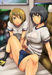  2girls black_hair blush breasts brown_eyes brown_hair chloe_valens cholesenel erection futanari gym_storeroom hair_ornament multiple_girls norma_beatty open_mouth penis school_uniform shoes short_hair socks tales_of_(series) tales_of_legendia yellow_eyes 