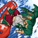  2014 4_fingers 4_toes anthro barefoot claws clothed clothing crocodilian fangs fully_clothed male muscular muscular_male open_mouth renekton reptile scalie solo teeth toe_claws toes waddledox water 