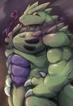  abs anthro biceps claws green_scales hand_on_hip hands_on_hips hi_res horn looking_at_viewer male muscular nintendo nude pecs pok&eacute;mon pok&eacute;mon_(species) purple_scales scales sharp_claws simple_background solo spikes tyranitar video_games waddledox 