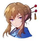  blue_kimono closed_mouth crossdressing earrings hair_ornament hairpin highres japanese_clothes jewelry kimono light_brown_hair link looking_at_viewer male_focus maruchi otoko_no_ko purple_eyes simple_background solo the_legend_of_zelda the_legend_of_zelda:_breath_of_the_wild white_background 