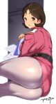  amamiya_(abaros) ass blush breasts brown_eyes brown_hair commentary_request forehead furrowed_eyebrows gundam highres indoors large_breasts looking_at_viewer military military_uniform mirai_yashima mobile_suit_gundam pantyhose short_hair signature solo thick_thighs thighs uniform white_legwear 