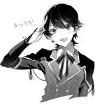  :d blue_eyes bracer collared_shirt commentary_request greyscale hand_up horikawa_kunihiro jacket looking_at_viewer male_focus monochrome neck_ribbon open_mouth rella ribbon salute shirt simple_background smile solo spot_color touken_ranbu upper_body white_background wing_collar 