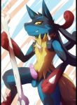  2018 3_fingers anthro balls black_fur blue_fur bone canine erection front_view fur grin looking_at_viewer lucario luxuria male mammal mega_evolution mega_lucario multicolored_fur nintendo penis pok&eacute;mon pok&eacute;mon_(species) smile solo spike_(disambiguation) standing teeth video_games yellow_eyes 