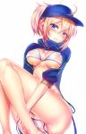  ahoge areolae artoria_pendragon_(all) ass baseball_cap bikini blonde_hair blue_eyes blue_jacket breasts closed_mouth commentary_request covered_nipples embarrassed fate/grand_order fate_(series) hair_between_eyes hair_through_headwear hat head_tilt highres jacket jacket_lift knees_up long_hair looking_at_viewer mysterious_heroine_xx_(foreigner) nipples ponytail pussy_peek see-through shiny shiny_skin shrug_(clothing) sidelocks silly_(marinkomoe) simple_background sitting solo sweatdrop swimsuit thighs track_jacket untied untied_bikini white_background zipper 