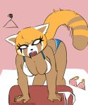  2019 5_fingers absurd_res aggressive_retsuko ailurid angry anthro big_breasts biped black_claws black_nose blue_clothing blue_panties bra breasts brown_fur brown_tail claws cleavage cleavage_overflow clothed clothing eye_markings eyebrows eyeliner facial_markings fangs female fitting_room frill fur glowing glowing_eyes hanger hi_res inside leaning leaning_forward lingerie looking_at_viewer makeup mammal markings multicolored_fur no_pupils open_mouth orange_fur orange_tail panties pink_background pointy_ears polka_dots rainbowsprinklesart red_panda retsuko ringtail sanrio sharp_teeth signature simple_background skimpy slightly_chubby solo teeth tight_clothing two_tone_tail underwear white_bra white_clothing white_fur 