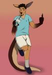  anthro beverage clothed clothing coffee footwear hair kangaroo macsboredworld male mammal marsupial middle_finger shirt shoes shorts simple_background solo standing starbucks t-shirt wallabee 