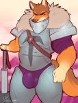  anthro armor bulge canine clothing colored_sketch hammer looking_at_viewer male mammal marlon.cores musclegut muscular muscular_male solo standing tools underwear 