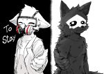 ambiguous_gender anthro bad_end biped black_fur canine changed_(video_game) crying dr.k_(changed) english_text fchicken fur gas_mask goo_creature happy looking_at_viewer mammal mask monster puro_(changed) reaching_out red_eyes rubber sad standing tears text white_fur 