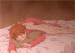  barefoot bed bed_sheet brown_hair closed_eyes colored_eyelashes face_in_pillow hanei_mine indoors lying messy_hair myourenji on_bed on_side pajamas pillow red_pajamas short_hair sleeping solo species_domain white_wings wings 
