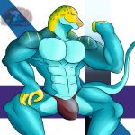  2018 5_fingers abs anthro biceps blue_scales bulge clothed clothing collared_lizard daikuhiroshiama digital_media_(artwork) flaccid flexing green_eyes humanoid_penis lizard looking_at_viewer male monroe_(monroethelizard) muscular muscular_male pecs penis presenting reptile scales scalie simple_background sitting smile solo speedo swimsuit yellow_scales 