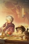  1girl bar brown_hair cloak commentary_request dress gloves green_eyes hair_over_one_eye hat highres jewelry octopath_traveler one_eye_closed open_mouth scarf short_hair simple_background smile therion_(octopath_traveler) torabuzi tressa_(octopath_traveler) white_hair 