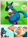  ! 2018 anthro big_butt black_fur blue_eyes blue_fur blush breasts butt charizard comic deerrobin duo english_text female fur lucario male nintendo nipples nude pok&eacute;mon pok&eacute;mon_(species) pussy_juice surprise text video_games yellow_fur 