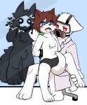  ambiguous_gender anthro biped black_fur blue_eyes blush brown_hair canine changed_(video_game) dr.k_(changed) fchicken fluffy fur gas_mask goo_creature hair injection lin_(changed) male mammal mask puro_(changed) red_eyes rubber syringe transformation wolf 