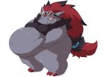  2017 belly belly_fondling belly_jiggle big_belly claws eyewear featureless_crotch goggles goggles_on_head hair hair_ring long_hair male mostly_nude navel nintendo obese overweight pok&eacute;mon pok&eacute;mon_(species) self_grab simple_background smile solo thick_thighs video_games white_background yosioka_san zoroark 
