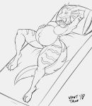  2018 absurd_res angels_with_scaly_wings anna_(awsw) anthro belly big_belly breasts digital_media_(artwork) dragon eyewear featureless_breasts featureless_crotch female goggles hand_behind_head hand_on_stomach hi_res line_art lying mostly_nude on_back outie_navel pregnant safety_goggles scalie smaller_version_at_source smile solo vant_talon 