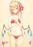  artist_name ass_visible_through_thighs bangs bare_arms bare_shoulders beige_background bikini blonde_hair blush collarbone commentary cowboy_shot crystal dated eyebrows_visible_through_hair flandre_scarlet flat_chest front-tie_bikini front-tie_top hair_between_eyes hair_ornament hair_ribbon hair_scrunchie halterneck hand_up head_tilt highres navel no_hat no_headwear one_side_up pointy_ears red_bikini red_eyes red_ribbon ribbon sakusyo scrunchie side-tie_bikini signature simple_background solo standing stomach swimsuit thighs touhou white_scrunchie wings 