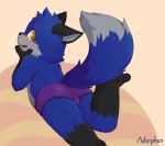  anthro black_fur blue_fur blush bulge canine child cub cute_fangs fox fur grey_fur looking_back lying male mammal norphen on_front slightly_chubby solo young 