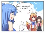  animal_ears blue_eyes blue_hair blush breasts brown_hair closed_mouth collarbone comic commentary elbow_gloves english english_commentary eyebrows_visible_through_hair firefox fox_ears fox_tail gloves hair_ornament highres hinghoi internet_explorer large_breasts legend_of_mana looking_at_another multiple_girls open_mouth orange_skirt os-tan seiken_densetsu short_hair skirt smile speech_bubble tail white_gloves 