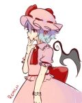  bat_wings blue_hair brooch character_name detached_wings dress frilled_shirt_collar frilled_sleeves frills hat hat_ribbon highres jewelry mob_cap nail_polish pink_dress puffy_short_sleeves puffy_sleeves red_eyes red_nails remilia_scarlet ribbon ribbon_trim short_sleeves solo touhou white_background wings yoruny 