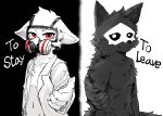  ambiguous_gender anthro biped black_fur canine changed_(video_game) dr.k_(changed) english_text fchicken fur gas_mask goo_creature looking_at_viewer mammal mask monster puro_(changed) reaching_out red_eyes rubber standing text video_games white_fur wolf 