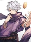  bandages cloak coin commentary_request fringe_trim gloves gold hair_over_one_eye looking_at_viewer male_focus octopath_traveler p0n_ya poncho scarf short_hair simple_background solo therion_(octopath_traveler) white_hair 