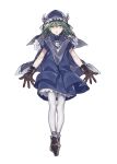  blue_dress brown_footwear brown_gloves cape commentary_request dress full_body gloves green_hair highres maruchi original pantyhose parted_lips shoes short_dress simple_background solo white_background white_legwear yellow_eyes 