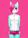  anthro black_nose blue_fur boxer_briefs bulge canine clothing cub erection fur hair kituneneko male mammal navel nipples penis_outline pink_hair solo standing teenager underwear white_fur wolf young 