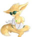  2018 avian bird canine chicken clothing cross crossed_legs eyewear fennec fox half-closed_eyes inviting jewelry looking_at_viewer male mammal muscular muscular_male necklace pakyart15 paladins pecs pip_(paladins) seductive shorts signature simple_background sitting solo sunglasses white_background 