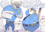  2018 benjamin_clawhauser bovine buffalo cape_buffalo cheetah chief_bogo clothing dialogue disney doughnut eyewear feline food glasses male mammal overweight police prisonsuit-rabbitman simple_background text traditional_media_(artwork) white_background zootopia 