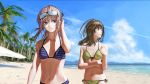  adjusting_hair bad_id bad_pixiv_id bangs bare_shoulders beach bikini blue_bikini blue_eyes breasts brown_eyes brown_hair closed_mouth cloud collarbone commentary day english_commentary eyebrows_visible_through_hair eyewear_on_head floating_hair girls_frontline green_bikini hair_between_eyes hair_ornament highres long_hair looking_at_viewer looking_away m4a1_(girls_frontline) medium_breasts multicolored_hair multiple_girls navel one_side_up outdoors palm_tree pink_hair side_ponytail sidelocks small_breasts st_ar-15_(girls_frontline) stomach streaked_hair striped striped_bikini sunglasses swimsuit tacshojosora tree wind 