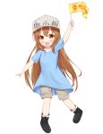  :d absurdres arm_up bangs black_footwear blue_shirt blush boots brown_eyes brown_hair character_name clothes_writing collarbone commentary_request eyebrows_visible_through_hair flag flat_cap full_body grey_hat grey_shorts hair_between_eyes hat hataraku_saibou highres holding holding_flag long_hair open_mouth platelet_(hataraku_saibou) roido_(taniko-t-1218) shirt short_shorts short_sleeves shorts simple_background smile solo very_long_hair white_background 