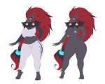  2018 anthro anthrofied blue_eyes breasts camel_toe canine clothing female flip_flops front_view fur grey_fur hair hand_on_hip mammal mleonheart navel nintendo nipples pok&eacute;mon pok&eacute;mon_(species) pussy red_hair shirt simple_background smile solo standing sweatpants thick_thighs video_games white_background zoroark 