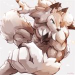 2016 4_fingers abs action_pose anthro anthrofied arm_tuft biceps big_biceps big_tail black_claws black_nose blue_eyes canine cheek_tuft chest_tuft claws colored digital_drawing_(artwork) digital_media_(artwork) fighting_stance fist fluffy fluffy_tail frown fur glare high-angle_view huge_muscles humanoid_hands light looking_away lycanroc male mammal manly midday_lycanroc multicolored_fur muscular muscular_male nintendo obliques pecs pok&eacute;mon pok&eacute;mon_(species) pok&eacute;morph pose quads serratus shaded side_view signature snout solo tan_fur toony triceps tuft two_tone_fur video_games waddledox white_fur 