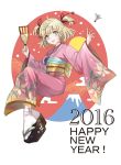  2016 :d absurdres blonde_hair commentary_request english floral_print from_side full_body green_eyes hagoita hair_ribbon hands_up hanetsuki happy_new_year highres holding japanese_clothes kimono long_sleeves looking_at_viewer looking_to_the_side maruchi new_year obi open_mouth original paddle pink_kimono red_ribbon ribbon sandals sash smile solo tabi two_side_up white_legwear wide_sleeves 