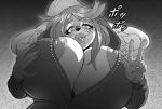  anthro big_breasts blush boosterpang breasts canine clothed clothing female fennec fox greyscale huge_breasts hyper hyper_breasts japanese_text looking_at_viewer makeup mammal monochrome nipples smile solo text thick_lips 