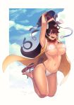  bead_necklace beads bikini bikini_top breasts cleavage cloud cloudy_sky collarbone day earrings fate/grand_order fate_(series) hair_between_eyes hat headpiece hoop_earrings jewelry jumping large_breasts md5_mismatch navel necklace open_mouth outdoors purple_eyes revision sandals sky sleeveless sungwon swimsuit white_bikini xuanzang_(fate/grand_order) 