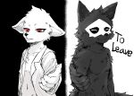  ambiguous_gender anthro biped black_fur canine changed_(video_game) disappointed dr.k_(changed) duo ears_down english_text eyes_closed fchicken fur goo_creature good_end happy looking_at_viewer mammal mask monochrome monster puro_(changed) reaching_out red_eyes rubber smile standing text white_fur 