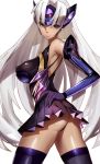  ass bare_shoulders covered_nipples dark_skin elbow_gloves gloves hands_on_hips highres jitome lips lipstick long_hair looking_at_viewer looking_back makeup pleated_skirt purple_eyes silver_hair skin_tight skirt solo t-elos t-elos_re thighhighs twisted_torso vic white_lipstick xenoblade_(series) xenoblade_2 xenosaga 